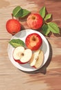 Poster with juicy ripe apples on a plate on a wooden table