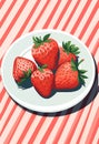 Poster with juicy strawberry on a plate and striped background