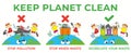 Poster keep the planet clean with examples of right and wrong segregation of waste