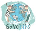Poster with kids hugging Earth globe