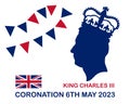 Poster for King Charles III Coronation with British flag and with side profile of King UK in crown.Â Vector illustration.