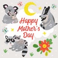 Poster with koala, raccoon and badger. Mother and baby Royalty Free Stock Photo