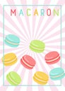 Poster, leaflet with bright delicious macarons cakes with hand lettering. Vector illustration