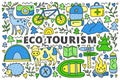 Poster with lettering and doodle colored eco tourism icons.