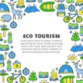 Poster with lettering and doodle colored eco tourism icons.