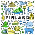 Poster with lettering and doodle colored Finland icons.