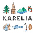 Poster with lettering and doodle colored Karelia icons. Royalty Free Stock Photo