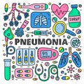 Poster with lettering and doodle colored pneumonia icons .