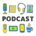 Poster with lettering and doodle colored podcast icons.