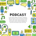 Poster with lettering and doodle colored podcast icons.