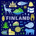 Poster with lettering and doodle colorful Finland icons.