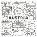 Poster with lettering and doodle outline Austria icons.