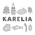 Poster with lettering and doodle outline Karelia icons. Royalty Free Stock Photo