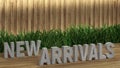 Poster lettering new arrivals. Large letters on a wooden table. Modern decorative grass, backlit wall of wooden battens. Great