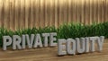 Poster lettering private equity. Large letters on a wooden table. Modern decorative grass, backlit wall of wooden battens. Great