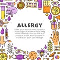 Poster with lettering, text and doodle colored allergy icons.