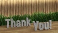 Poster lettering Thank You. Large letters on a wooden table. Modern decorative grass, backlit wall of wooden battens. Great loft