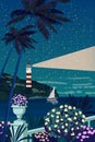 Poster Lighthouse tower, beacon on tropical seashore ocean with ray of light