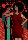 Poster with lights big night city, retro woman singer and moon. Red dress on woman. Retro microphone. Jazz, soul and blues live mu Royalty Free Stock Photo