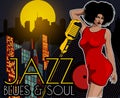 Poster with lights big night city, retro woman singer and moon. Red dress on woman. Retro microphone. Jazz, soul and blues live mu