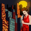 Poster with lights big night city, retro woman singer and moon. Red dress on woman. Retro microphone. Jazz, soul and blues live mu