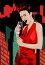 Poster with lights big night city, retro woman singer and moon. Red dress on woman. Retro microphone. Jazz, soul and blues live mu Royalty Free Stock Photo