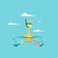 Poster with little Giraffe in the snorkeling mask vector prints, kids and baby t-shirts and wear. Giraffe bathes in water. Vector