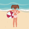 Poster with little girl with big ball in their hands staying on beach and look to the sea