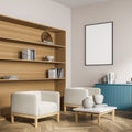 Poster in living room with blue sideboard, corner view with bookshelf Royalty Free Stock Photo