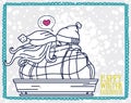 Poster for lovely christmas or valentine`s day with cute kissing couple and snow