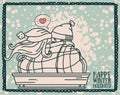 Poster for lovely christmas or valentine`s day with cute kissing couple and snow