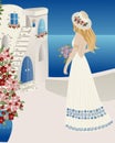 Poster , lovely girl in white dress and hat in old towns in Santorini, Spain, Greece and Italy in blue colors . Travel Vector