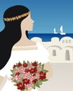 Poster , lovely girl in white dress in old town in Santorini, Greece . Travel Vector illustrations and design