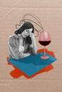 Poster magazine creative collage of sad lady sit pub table order red champagne struggle boyfriend cheating difficult