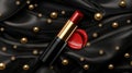 A poster for a magazine featuring lipstick cosmetics make up beauty products. The poster features red rouge and liquid Royalty Free Stock Photo