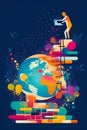 Poster with man climbing ladder to the top of globe. Generative AI