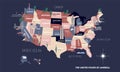 Poster map of United States of America with state names. USA cartoon travel map vector illustration of geographic themes with