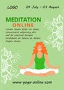 Poster Meditation online template. Redhead girl relaxing in lotus position and mehndi pattern for design. Advertising classes in