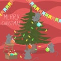 Poster Merry Christmas. Mice decorate the Christmas tree. The symbol of 2020. Vector graphics