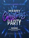 Poster Merry Christmas party with holographic inscription on Christmas Fong with iridescent reflections. Vector