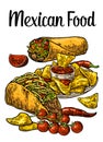 Poster Mexican traditional food. Burrito, tacos, chili, tomato, nachos Royalty Free Stock Photo