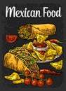 Poster Mexican traditional food. Burrito, tacos, chili, tomato, nachos Royalty Free Stock Photo