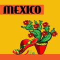 Poster Mexico , sombrero, spicy chili peppers, maracas, cactus and lime