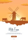 Poster Milk natural product. Rural landscape with mill and cows. Dawn in the village.