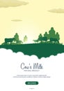 Poster Milk natural product. Rural landscape with mill and cows. Dawn in the village.