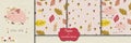 Poster with mini pig and collection of seamless patterns, autumn stile.