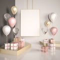 Poster mock up 3d render interior scene. Pastel pink and gold balloons with gift boxes on the white floor. Glass and metal element Royalty Free Stock Photo