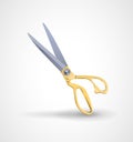 Poster mock-up with golden scissors isolated on white background.