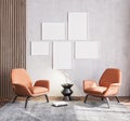 Poster mock up of Scandinavian interior design of orange living room with chairs furniture, vintage beige wallpaper background