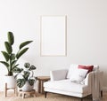 Poster mockup in bright modern room, white armchair and green plants on minimal background